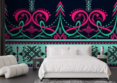 Ornate Floral Symphony. A vibrant and seamless floral pattern featuring elegant swirls and intricate designs in pink, teal, and green on a dark background, perfect for fabric and textile applications. Wall mural