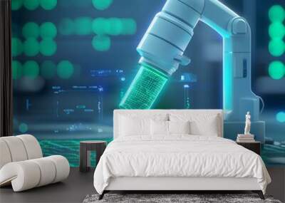 A high-tech white robotic arm with a microscope attachment hovers above a glowing green circuit board, set against a backdrop of blurred green lights, symbolizing precision and innovation in a futuris Wall mural