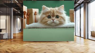 Adorable cat surrounded by festive gift boxes Wall mural