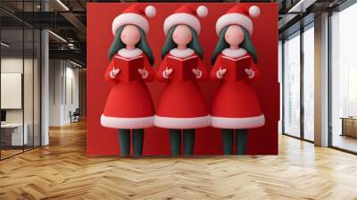 Cheerful animated carolers in festive attire Wall mural