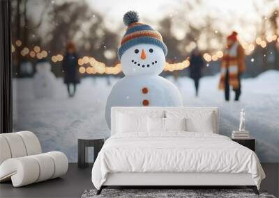 Cheerful snowman in a winter park with festive lights Wall mural