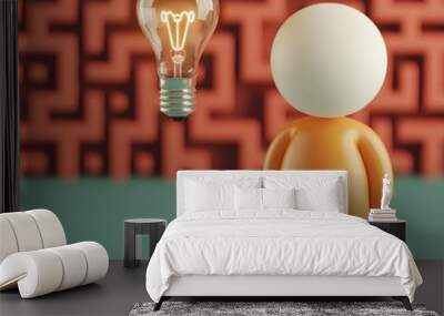 Creative concept of a character pondering an idea with a light bulb Wall mural