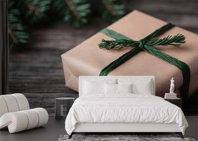 Elegant gift wrapped in natural brown paper with green twine Wall mural