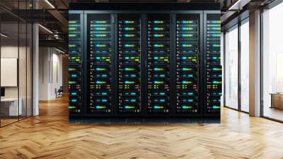 Futuristic 3D Clay Illustration of Symmetrical Data Center with Glowing Servers on Black Background Wall mural