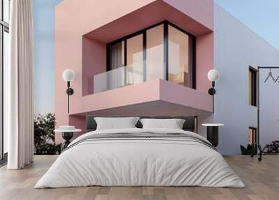 Modern minimalist house with pink accents and outdoor seating Wall mural