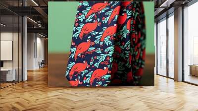 Vibrant red bird patterned tie on a wooden surface Wall mural