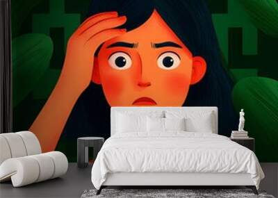 Young woman expressing concern amidst abstract foliage Wall mural