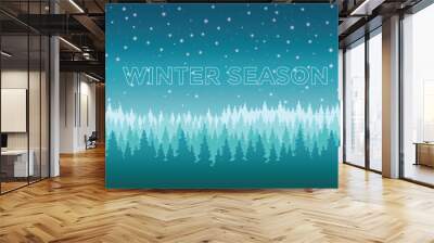 White snow falling with blue winter sky and forest. Merry Christmas, New Year background, banner, poster, card. Wall mural