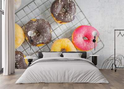 .Donuts on a white wood background Wall mural