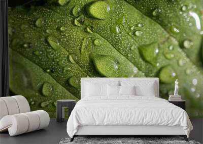 Macro image of water droplets on  green leaves, close-up of rainy season drops rainwater on the grass Wall mural