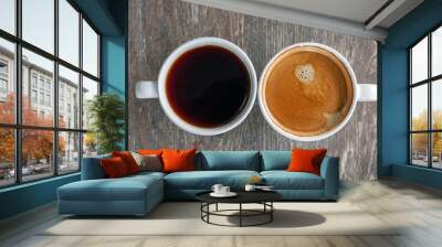 Top view two coffee cup, Americano coffee and espresso coffee on wooden table Wall mural