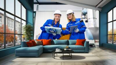 Two pretty professional technician or engineer women help to check the system use controller and ipad with robotic machine in factory workplace. Wall mural