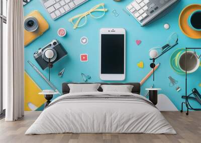 A flat lay of a smartphone with social media icons around it Wall mural