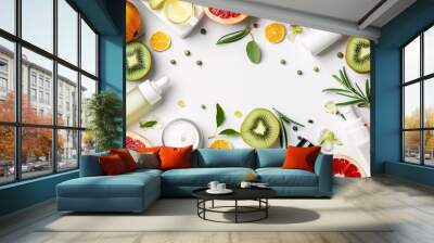 A flat lay of skincare products and fresh fruits on a white background Wall mural