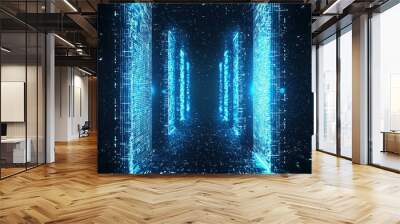 Abstract Blue Digital Corridor With Glowing Lines And Particles Wall mural