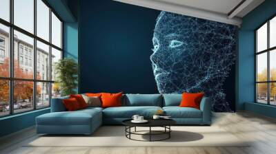 Abstract Human Head Silhouette with Glowing Lines and Dots on Dark Background Wall mural