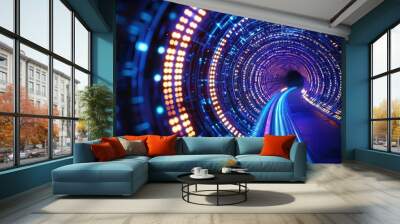 Abstract Neon Tunnel  Futuristic Sci Fi  LED Lights  Glow  Cyberspace  Digital Art Wall mural