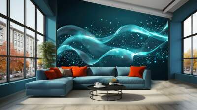 Abstract Teal Blue Wave Background with Glowing Particles Wall mural