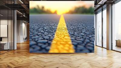 Asphalt Road with Yellow Line Leading to Sunset Wall mural