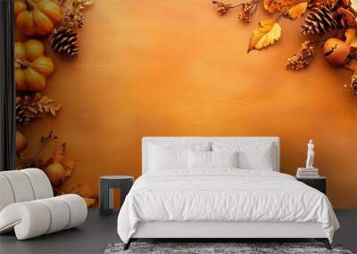 Autumn Background with Pumpkins  Pine Cones  and Leaves Wall mural