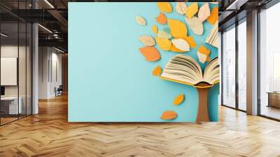 Autumn Leaves Book Tree Blue Background Wall mural