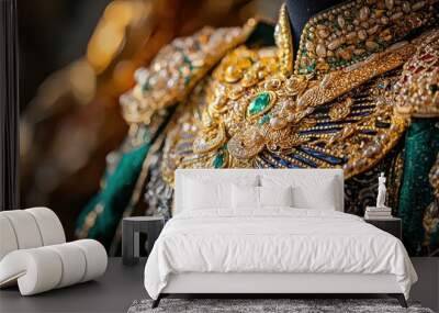 Close up of Ornate Gold and Emerald Jewelry on Traditional Costume Wall mural