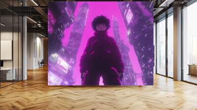 Cyberpunk Anime Character Standing in Front of Neon Cityscape Wall mural