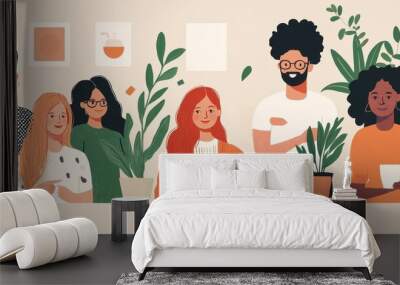 Diverse Group of Friends Enjoying Coffee Together in a Cozy Setting Wall mural