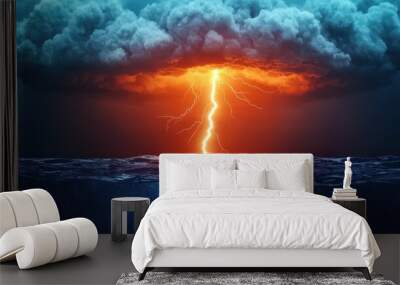 Dramatic Lightning Strike Over Ocean Surface  Stormy Sky  Sea  Water  Nature  Weather  Clo Wall mural