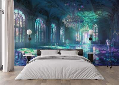 Fantasy Crystal Palace Interior with Stained Glass Windows Wall mural