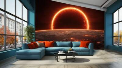 Fiery Ringworld Sunset   Sci Fi Space Landscape Wall mural