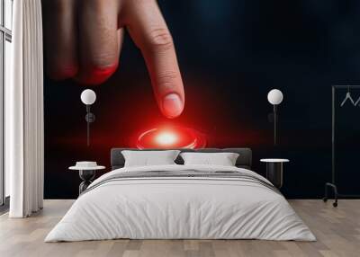 Finger Pressing Red Button with Glowing Light Wall mural