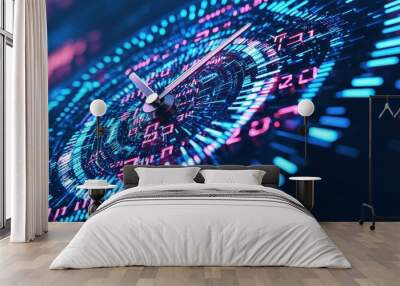 Futuristic Clock Face with Digital Numbers and Neon Lights Wall mural