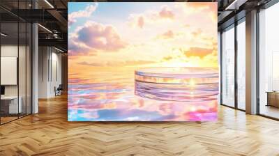 Glass Podium Mockup with Sunset and Water Reflection Wall mural