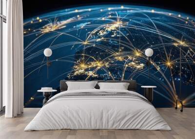 Global Network Connections   Earth with glowing lines and city lights Wall mural