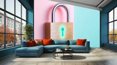 Glowing Keyhole on Wooden Padlock  Pink and Blue Background   Security Concept Wall mural