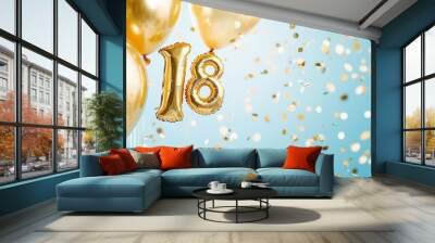 Golden Balloons and Confetti for 18th Birthday Celebration Wall mural