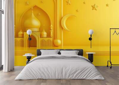 Golden Mosque Ramadan Background With Crescent Moon and Stars Wall mural