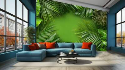 Green Tropical Leaves Frame on Green Background Wall mural