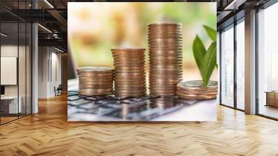 Growing Money Concept with Coins on Laptop Keyboard Wall mural