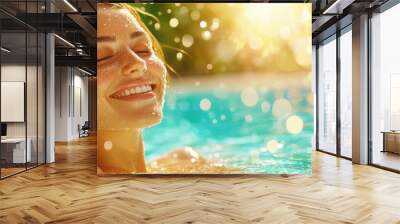 Happy Woman Relaxing in Swimming Pool on Sunny Day Wall mural