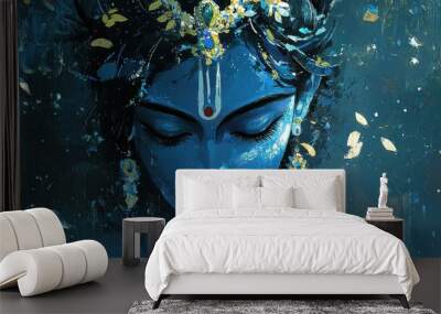 Hindu God Krishna Portrait with Closed Eyes and Traditional Ornaments Wall mural