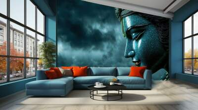 Hindu God Krishna Statue with Dramatic Stormy Sky Background Wall mural