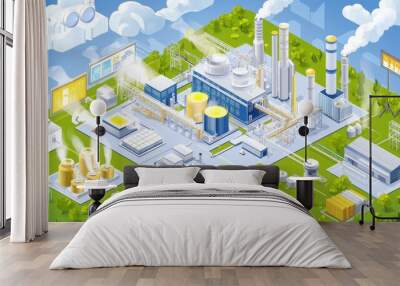 Isometric Illustration of a Modern Industrial Plant with Green Surroundings Wall mural