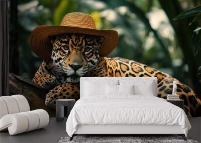 Jaguar in a Straw Hat Resting on a Tree Branch in a Jungle Wall mural