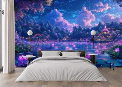 Magical Forest Night with Water Lilies and Starry Sky Wall mural