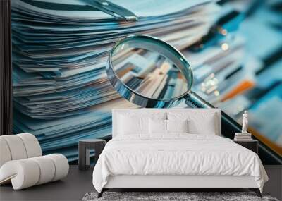 Magnifying Glass on Stack of Papers for Research and Investigation Wall mural