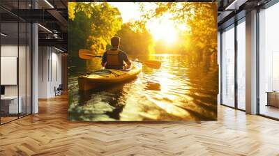 Man Kayaking at Sunset on a River Wall mural