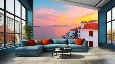 Mediterranean Coastal Town Sunset with Orange Rooftops and Blue Sea Wall mural