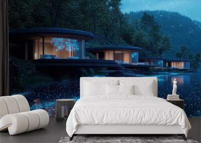 Modern Luxury Cabins with Bioluminescent Water at Night Wall mural